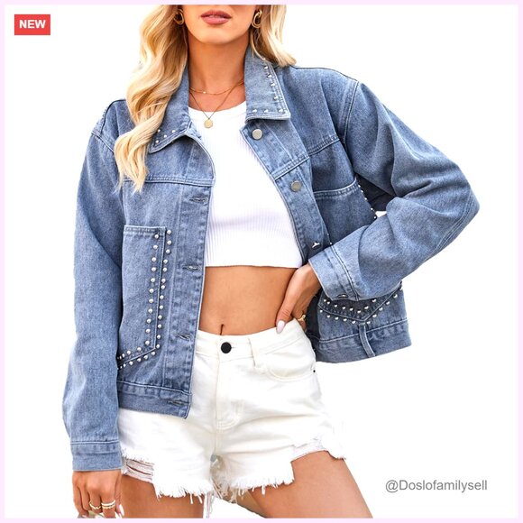 Oversized Studded Denim Jacket Loose Fit with Pockets Casual Wear